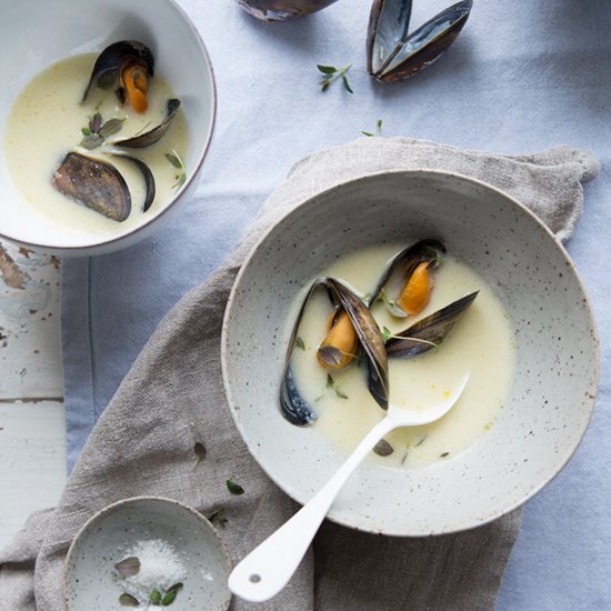 Jerusalem Artichoke Soup w. Mussels