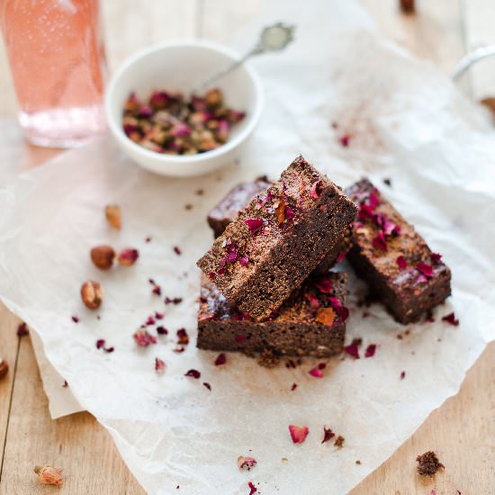 Flourless Hazelnut and Rose Brownie