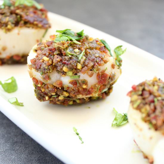 Pistachio Bacon Crusted Scallops