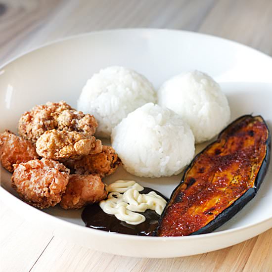 Karaage and miso glazed eggplant