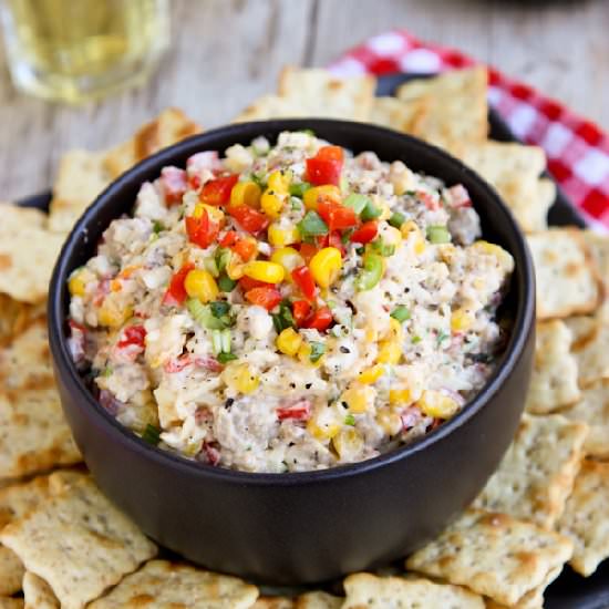 Kicked-Up Cheesy Corn Sausage Dip