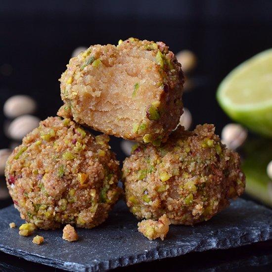 Rum balls w/ lime-pistachio crumble