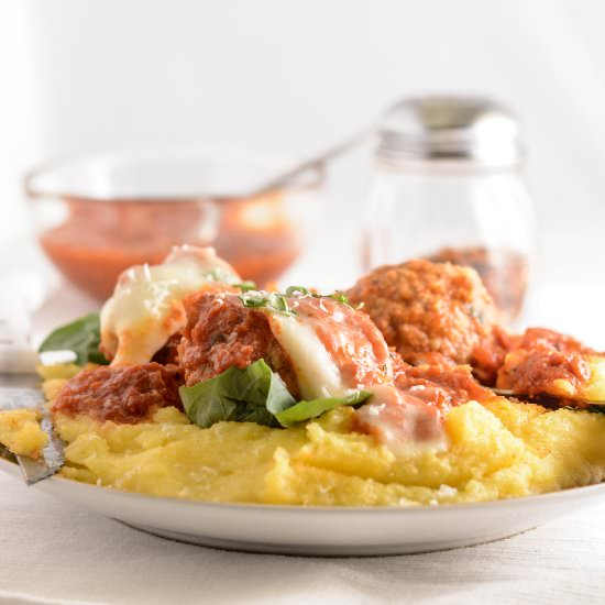 Fontina Stuffed Meatballs & Polenta