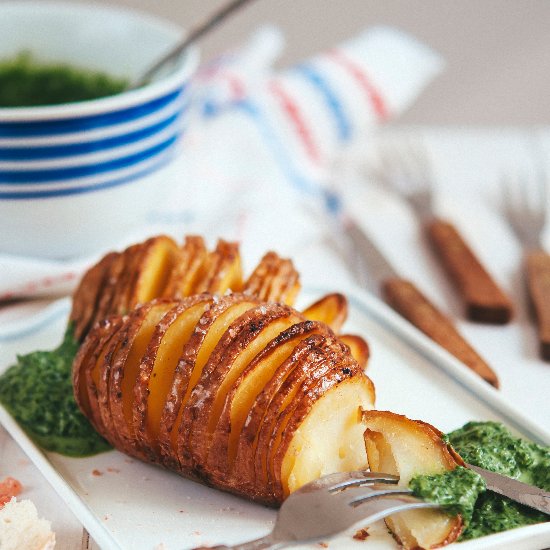 Hasselback Potatoes w/ Green Sauce