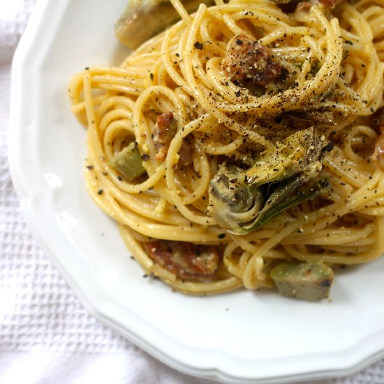 Spaghetti Carbonara with Artichoke