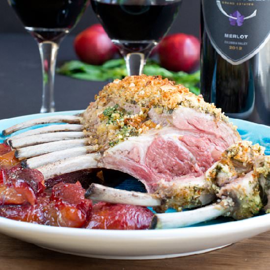 Pesto Crusted Rack of Lamb w/ Plums