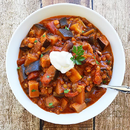 Lentil, Black Bean & Eggplant Chili