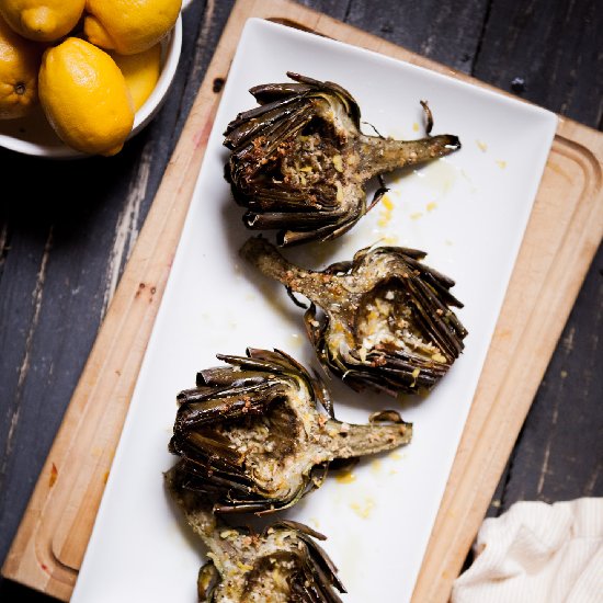 Garlic Lemon Roasted Artichokes