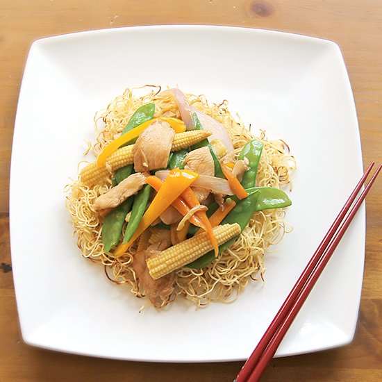 Chicken Stir-fry on Crispy Noodles