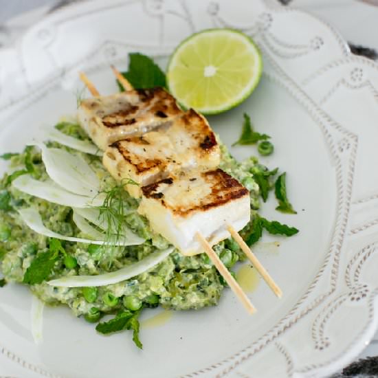 Swordfish Skewers w/Pea Hummus