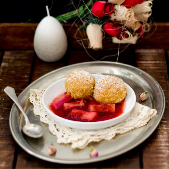 Cheese dumplings + rhubarb compote