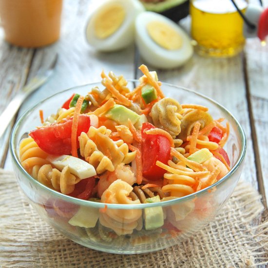 Pasta Salad, Prawns and Avocado