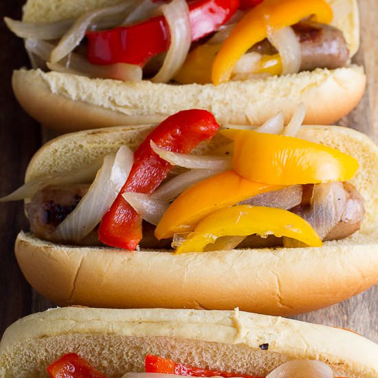 Brats with Onions and Peppers