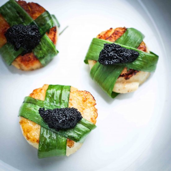 Scallops with Ramps and Caviar