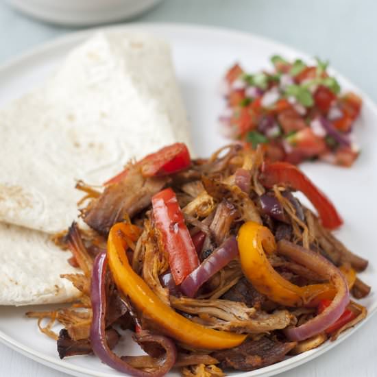 Pulled pork fajitas and salsa cruda