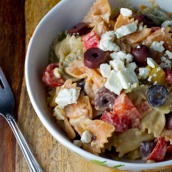 Olive Tapenade Hummus Pasta Salad