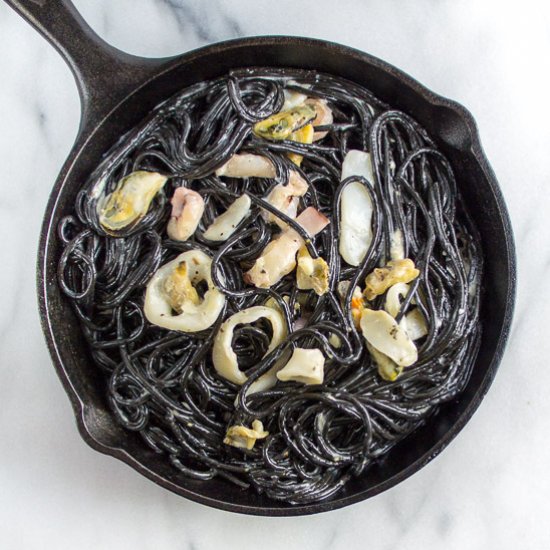 Cuttlefish ink pasta with seafood