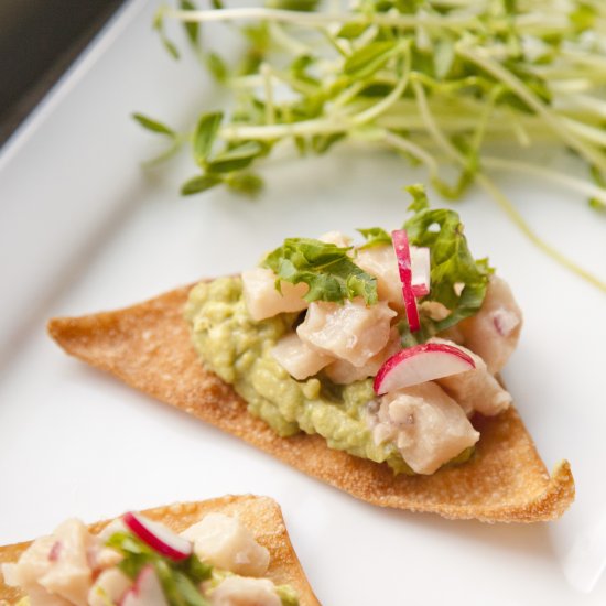 Hamachi Ceviche on Wonton Crisps