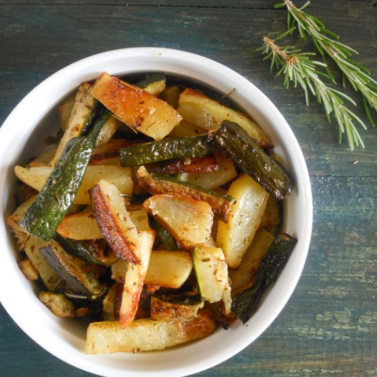 Roasted potatoes and zucchini