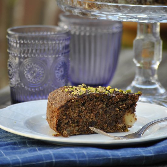 Chocolate, pistachio & pear cake