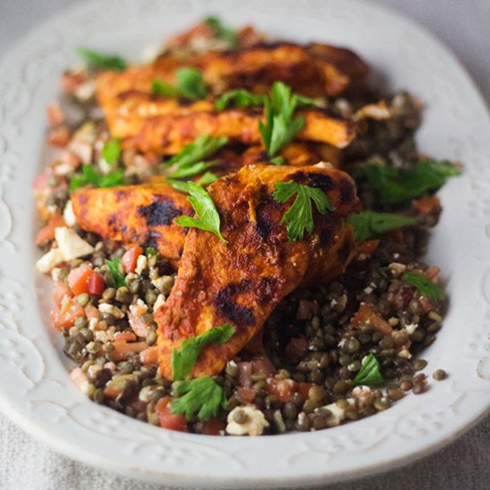 Chicken Tenders on a Lentil Salad