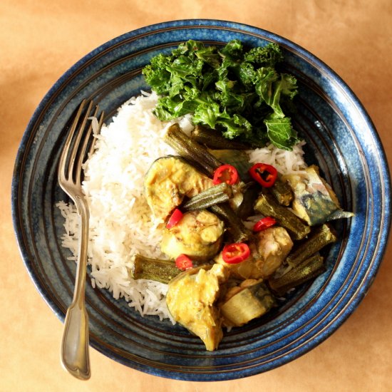 Fish & Okra Curry with Garlic Kale