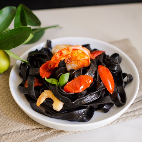 Black Tagliatelle with Prawns