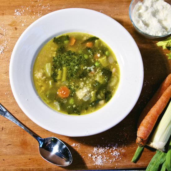 Spring Vegetable Soup w/ Pesto