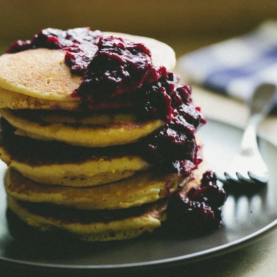 Cornmeal Pancakes + Rhubarb Compote