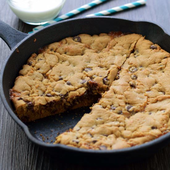 Caramel Stuffed Skillet Cookie