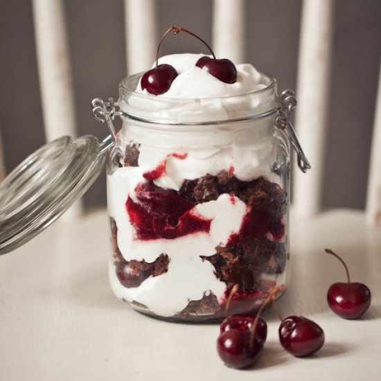 Chocolate cherry cake in a jar