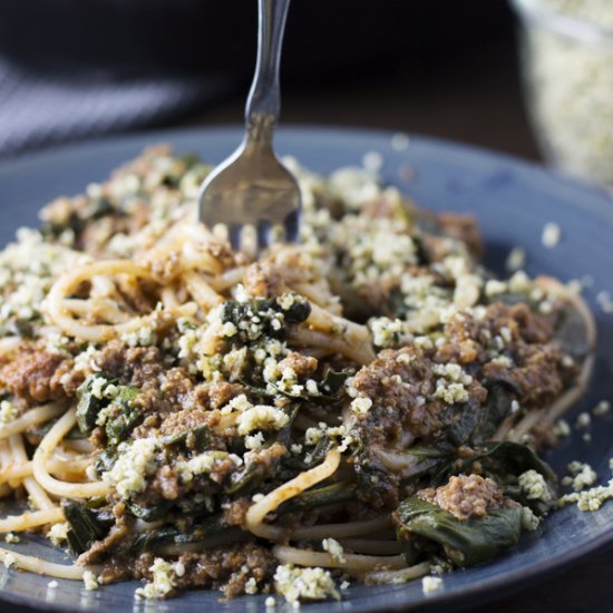 Spaghetti with Liver and Spinach