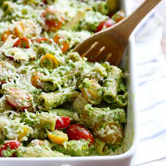 Healthy Baked Pesto Rigatoni