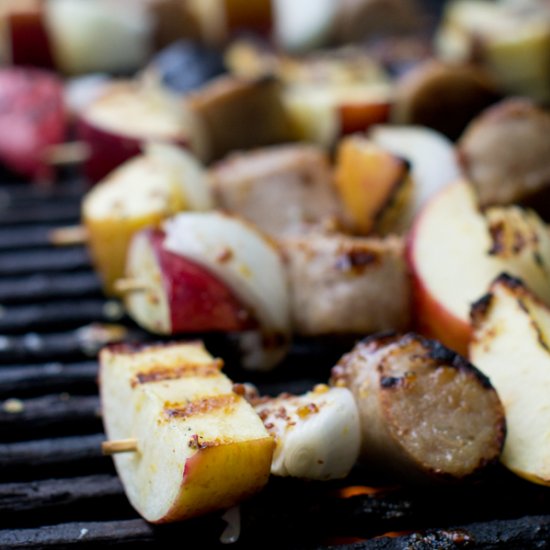 Apple, Sausage, & Onion Kebabs