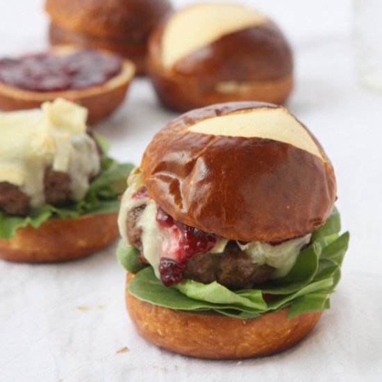 Brie & Jam Burgers on Pretzel Buns