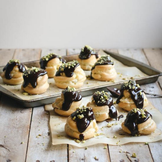 Pistachio & Chocolate Profiteroles