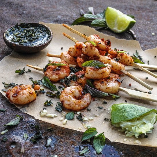 Prawn skewers and mint pesto