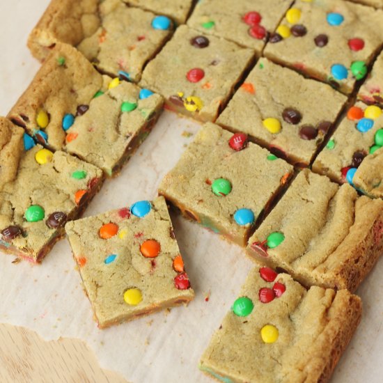 Thick and Chewy M&M Cookie Bars