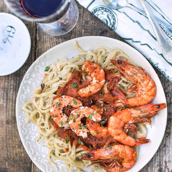 Hand rolled pasta with prawns