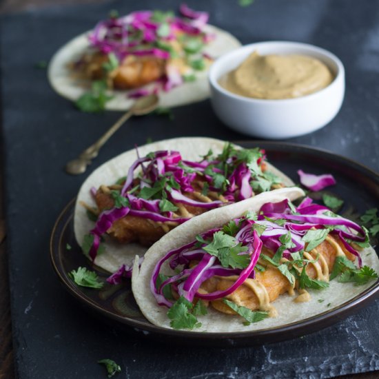 Beer battered tofu tacos w/chipotle