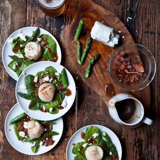 Beer Brined Scallops over Spinach