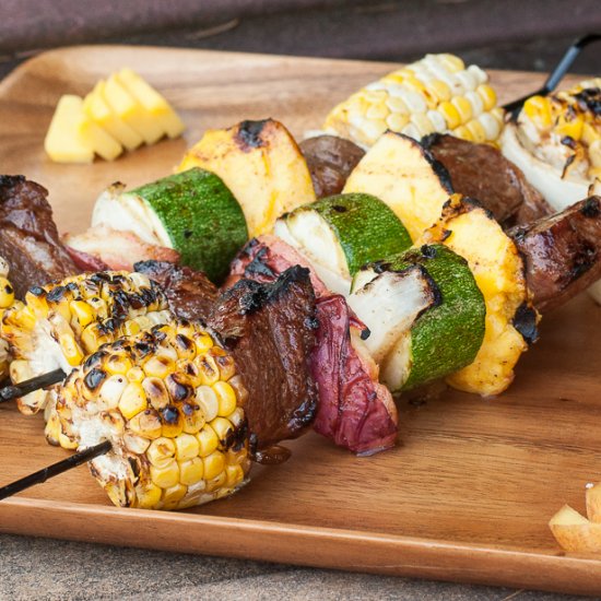 Jerk Lamb, Corn and Fruit Kebabs