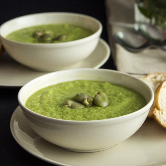 Broad Bean, Leek and Broccoli Soup.