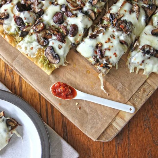 Garlic Scape Pesto Mushroom Pizza