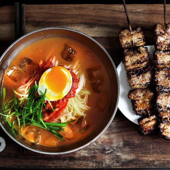 Korean cold noodle with pork belly