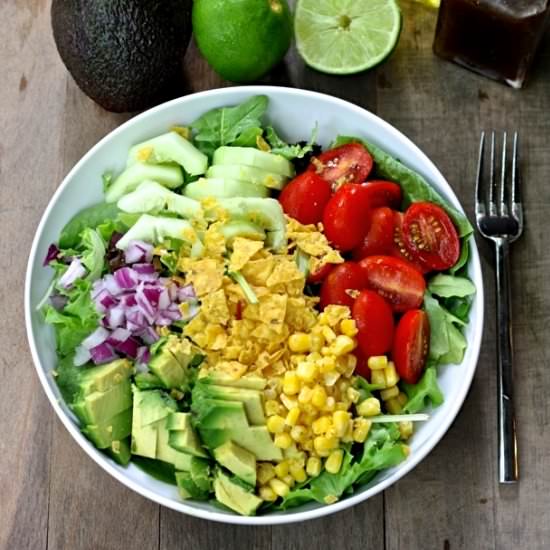 Guac green salad with seasoned corn