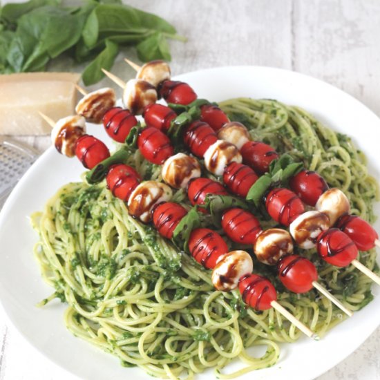 Pesto Pasta with Caprese Skewers