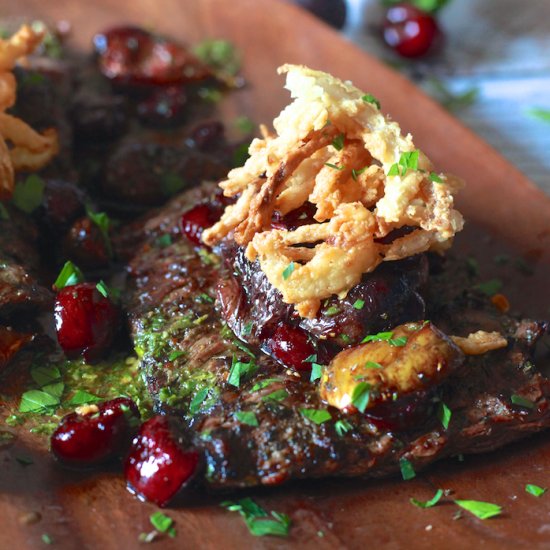 Grilled Skirt Steak & Roasted Cherries