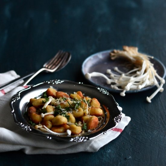 Pan Fried Gnocchi, Enoki Mushrooms