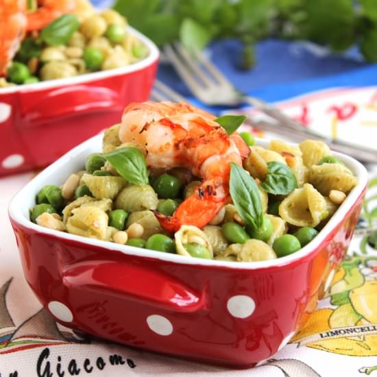 Pesto Pasta with Peas and Shrimp